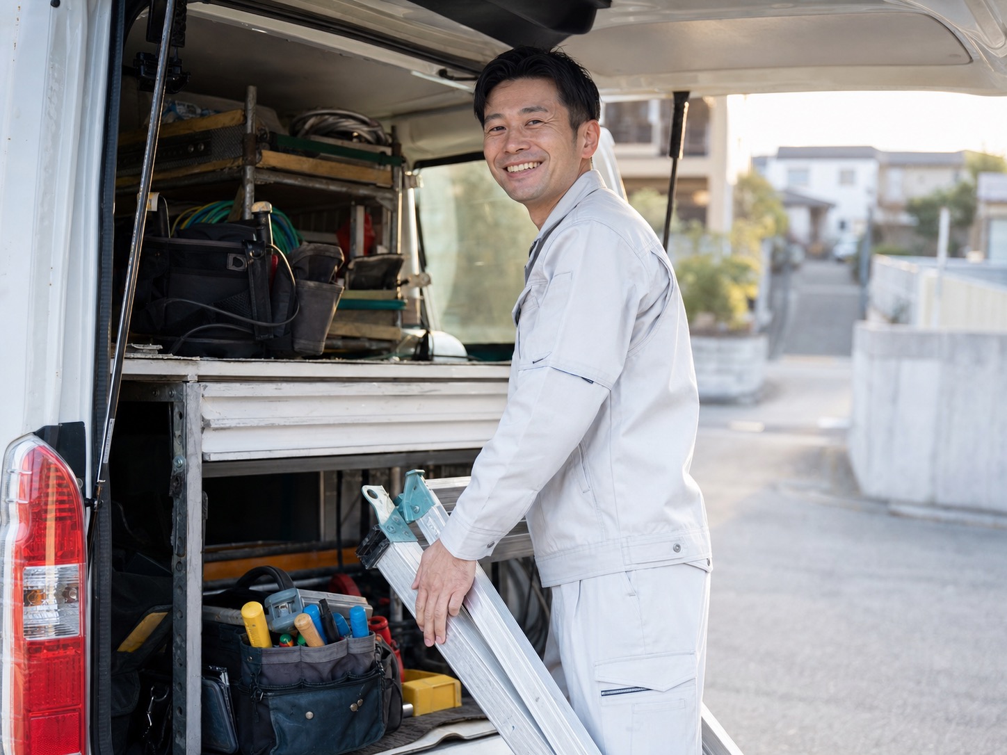 社用車に工具を積み込む職人